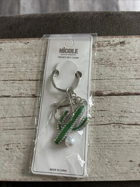 5/)25 Nicole Green Cactus Keychain with Pearl Accent